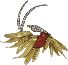 Broche oiseau tourmaline et diamants